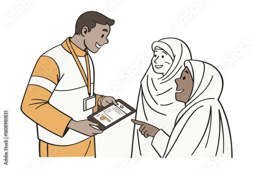A smiling man in a vest with a lanyard and id card shows a tablet to two women wearing headscarves engaged in a conversation
