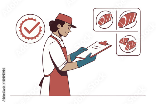 Skilled butcher inspecting quality meat cuts on clipboard with food safety certification mark in a professional butchery setting