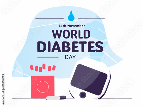 World Diabetes Day banner with glucose meter test strips and blue drop on November 14th