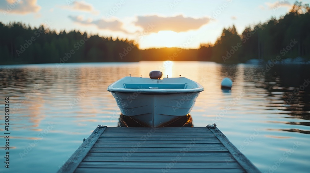 Obraz premium White boat on a dock at sunset over a lake