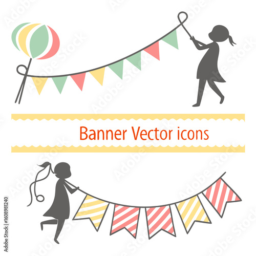 Festive bunting and banner icons with children celebration party