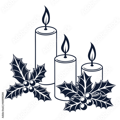 Festive candles with holly berries and leaves christmas