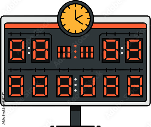 A digital scoreboard displaying the score and time.