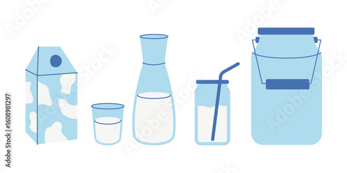 Milk set. Milk in carton, jug and glass. Dairy products. Vector illustration.