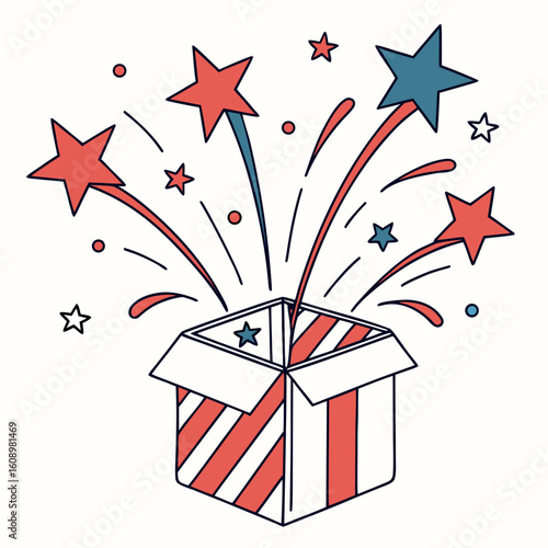 Festive gift box with exploding stars fireworks celebration