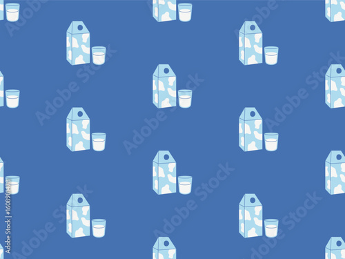 Seamless pattern with milk. Milk carton and glass. World Milk Day. June 1. Dairy product for healthy eating. Vector illustration.