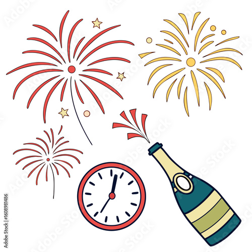Festive fireworks explode around a clock and champagne bottle celebration new year