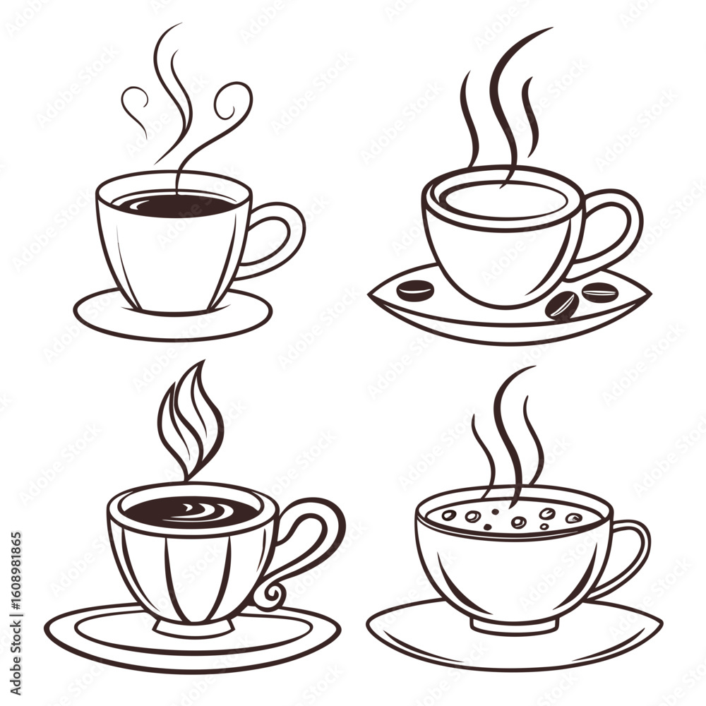 Obraz premium Four steaming coffee cups with beans and swirls cocoa hot drink