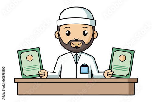 Smiling cartoon imam or religious scholar wearing a white kufi and traditional robes holding two certificates of achievement or diplomas