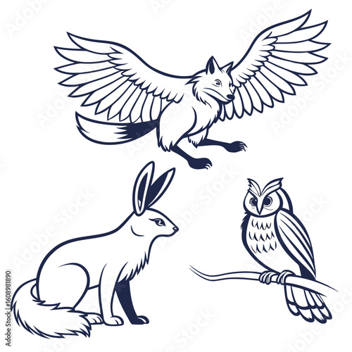 Fox rabbit owl winter forest creatures art vector