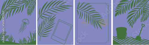 Tropical beach-themed minimal illustrations with palm leaves, jellyfish, photo frame, and sand toys on purple backgrounds. Perfect for summer cards, posters, or digital decoration sets.