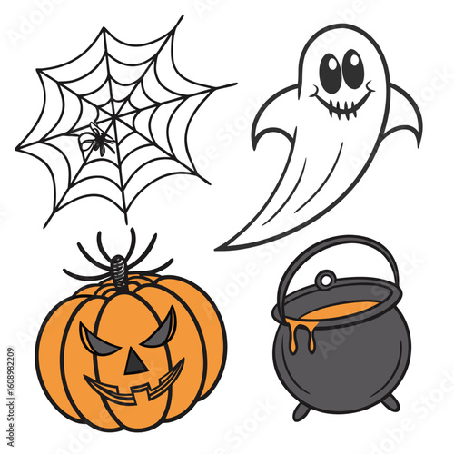 Halloween icons pumpkin ghost spider cauldron vector