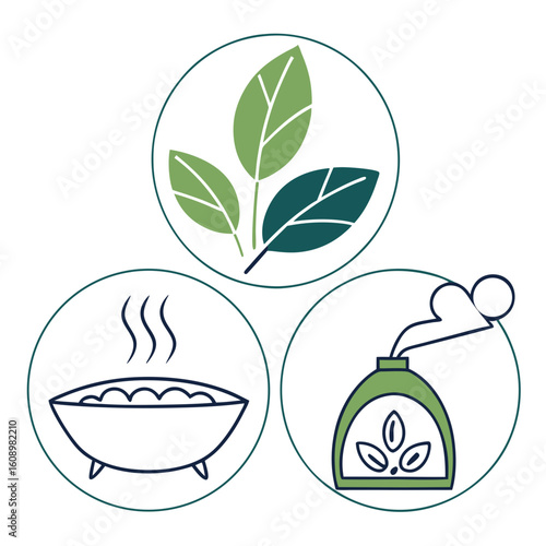 Green leaves steam bath aroma diffuser icons vector