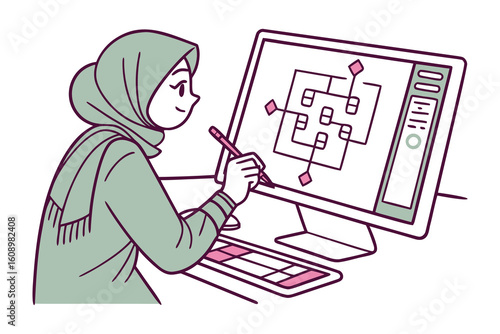 Young muslim woman wearing a hijab diligently works on a complex architectural blueprint displayed on a computer screen with a stylus