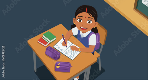 Young schoolgirl studying at desk with books and smiling  