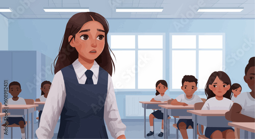 Schoolgirl walking in classroom with concerned expression in flat art  