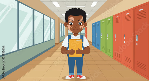 Young black schoolboy holding folder in school hallway with lockers  