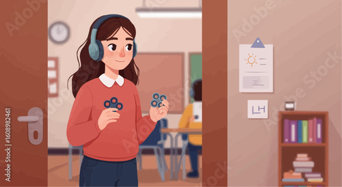 Schoolchild in headphones holding fidget toys in classroom doorway  