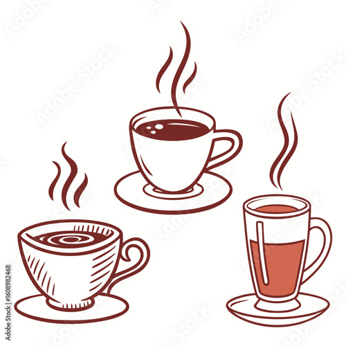 Hot beverages with steam coffee cocoa