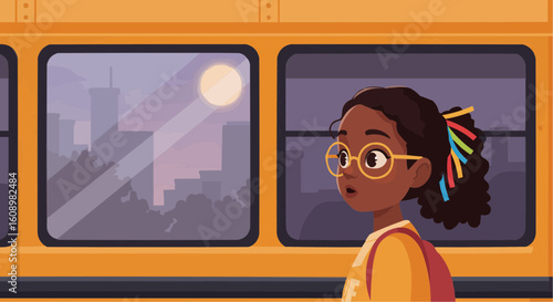 Young Black schoolgirl looking out of school bus window at sunset  