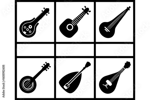 Collection of six black and white stringed musical instrument silhouettes
