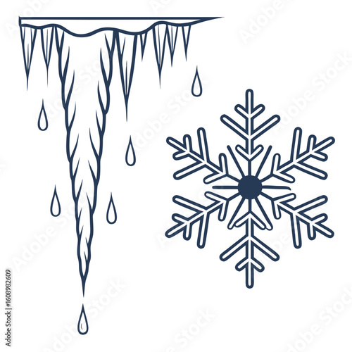 Icicles and snowflake icons with dripping water winter cold