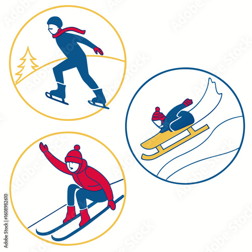 Ice skating skiing sledding winter sports icons recreation
