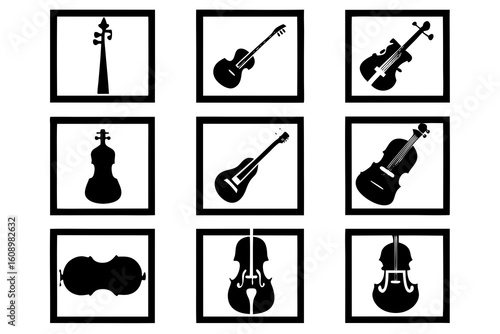 Collection of black silhouettes of string musical instruments