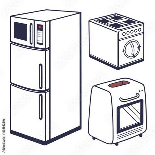 Kitchen appliances refrigerator microwave stove toaster oven vector