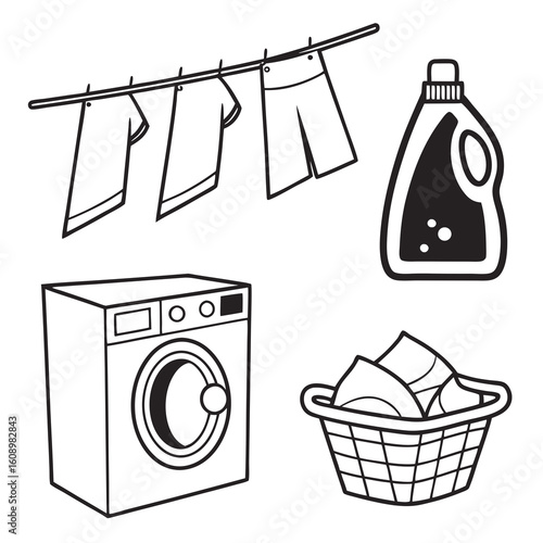 Laundry day icons washing machine detergent basket clothesline vector
