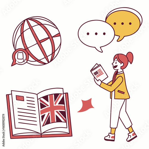 Learning English global communication and study globe speech bubble