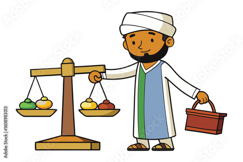 Cartoon illustration of a muslim merchant in traditional attire carefully weighing goods on a balance scale while holding a small briefcase