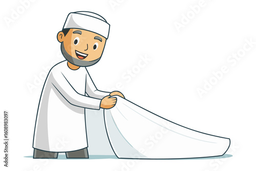 A smiling muslim man wearing traditional white attire is carefully spreading out a prayer mat on a light gray background for his daily worship