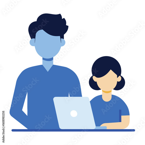 Team leader mentoring junior staff using laptop isolated on white background