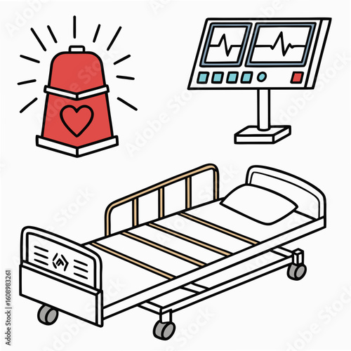 Medical Icons Hospital Bed E K G Monitor Siren healthcare emergency