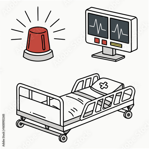 Medical icons siren monitor hospital bed emergency