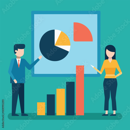 Business analysts reviewing bar and pie charts isolated on white background