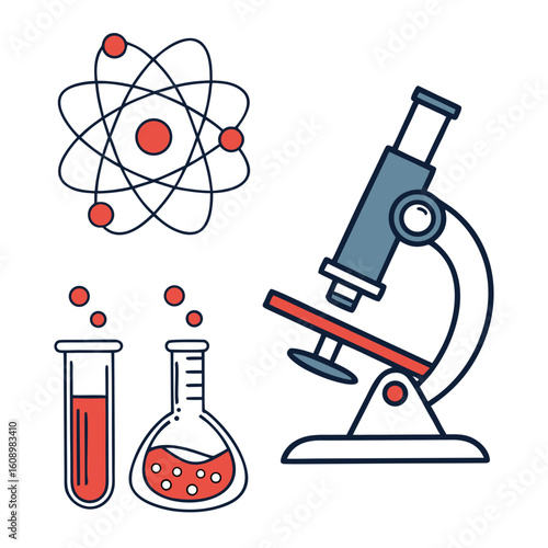 Microscope atom and test tubes with red liquid science laboratory