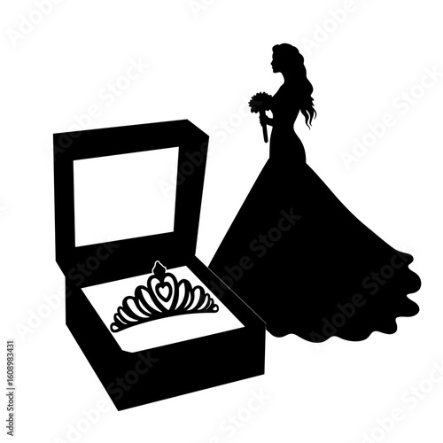Silhouette of tiara in box with bride holding bouquet – Wedding keepsake, bridal preparation