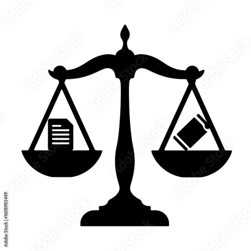 Balance scale with documents and gavel – Legal representation, justice fairness