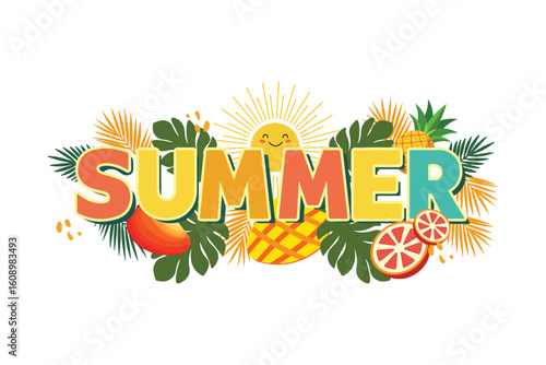 Vector Bright Summer Sun with Tropical Leaves and Orange Fruits Illustration