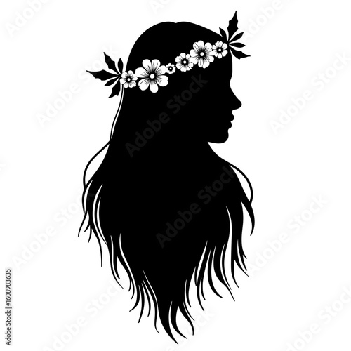 Silhouette of woman with floral wreath hairstyle – Nature-inspired beauty, calm serenity