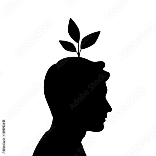 Silhouette of meditating figure with sprouting plant – Symbolic healing, inner peace
