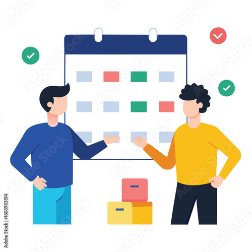 Two coworkers discussing project timeline isolated on white background