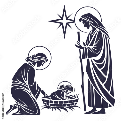 Nativity scene with Mary Joseph baby Jesus and star christmas