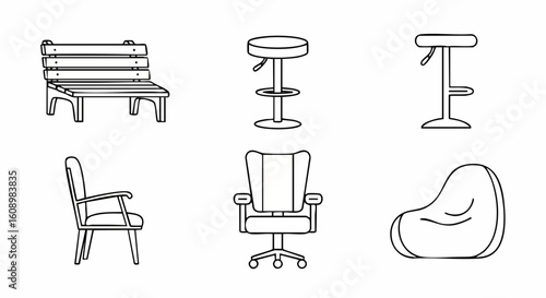 Outline Vector Illustrations of Seating Furniture Set