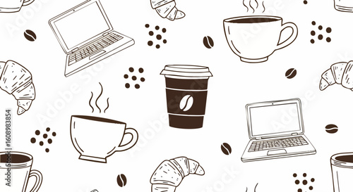 Coffee shop seamless pattern with laptops croissants cups and beans