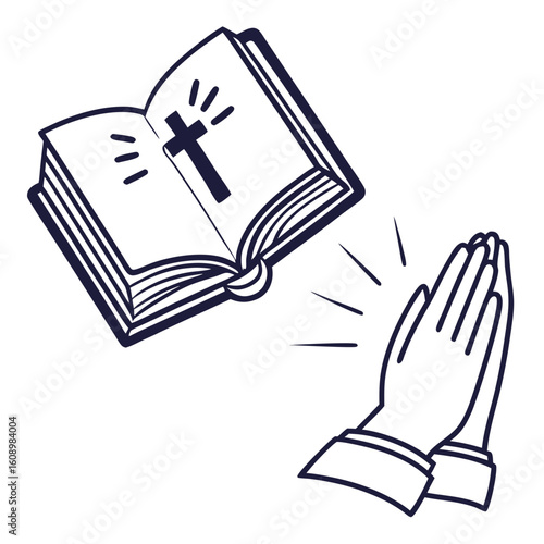 Open bible with cross and praying hands religion faith