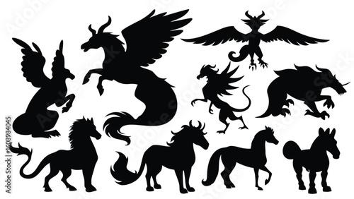 Collection of mythical creature silhouettes isolated on white background