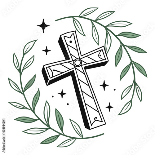 Ornate cross with green leaves and stars religion christianity